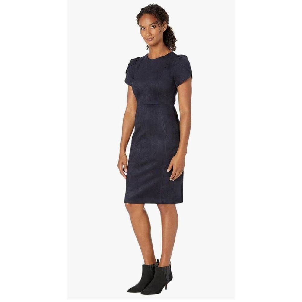 Calvin Klein Women's Essential Short Slv Sheath Drs, Navy Faux Suede, NWY, S.10